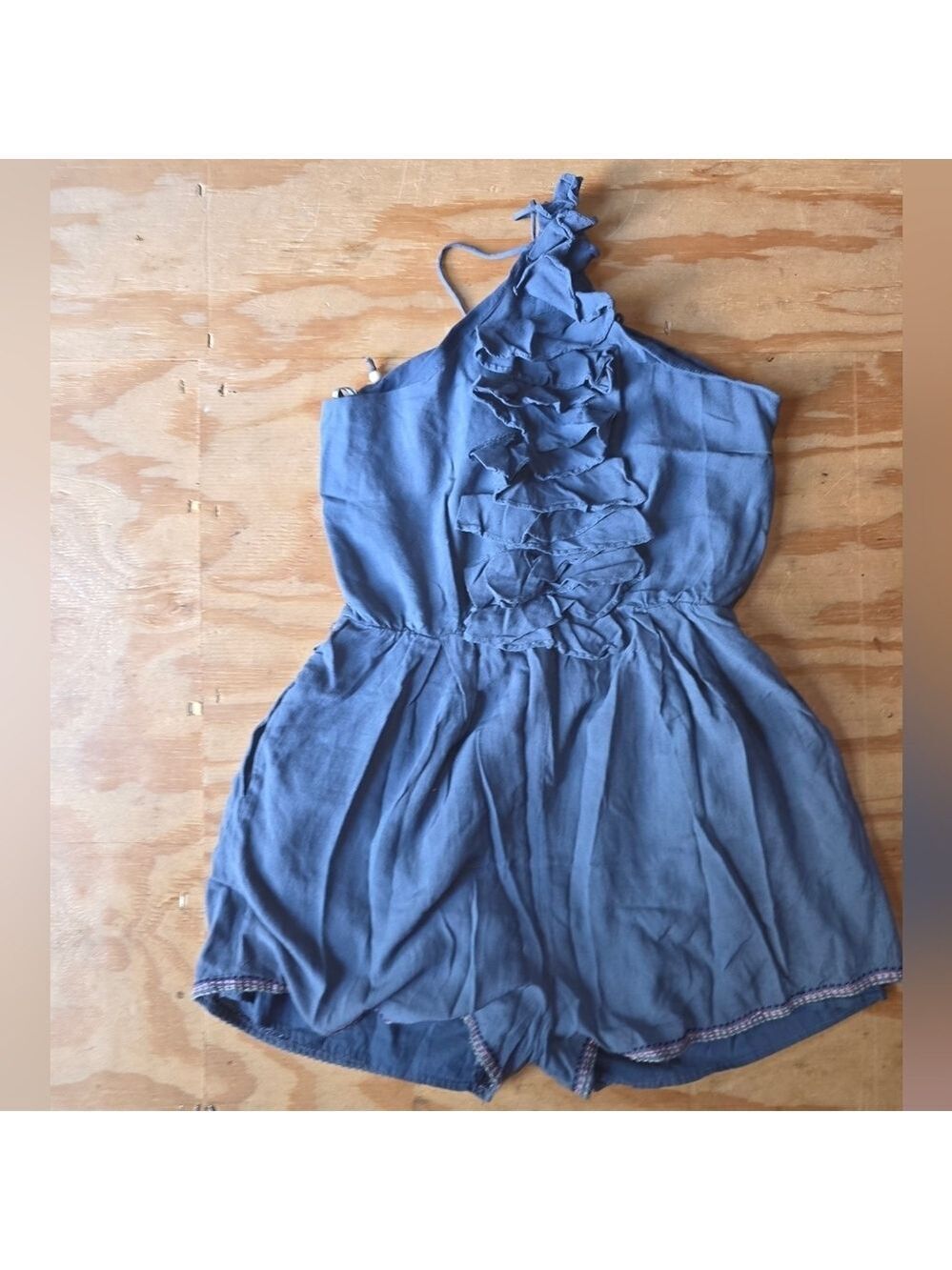 Luluvia Halter Romper Blue Embroidered Large. #SHO40 - Picture 4 of 11